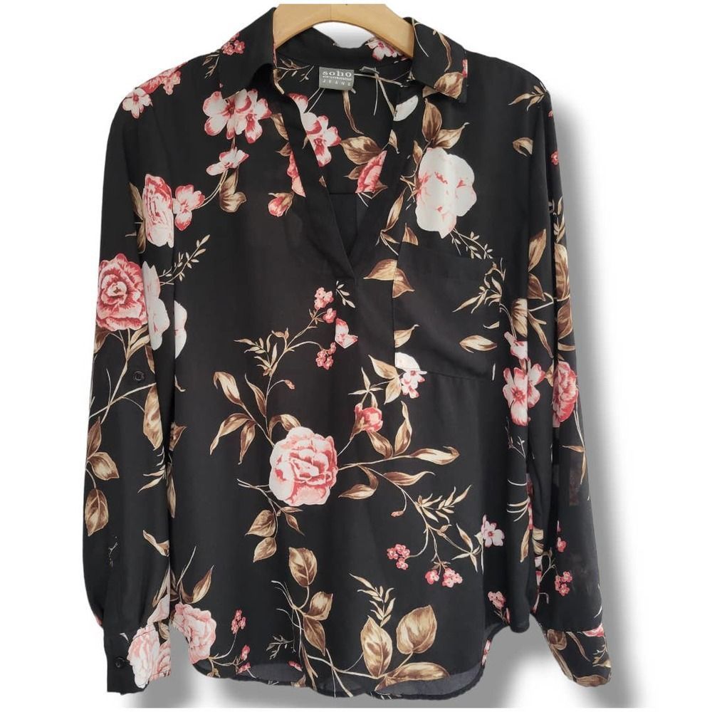 Soho New York & Company Jeans women's black floral VNeck long sleeve Blouse